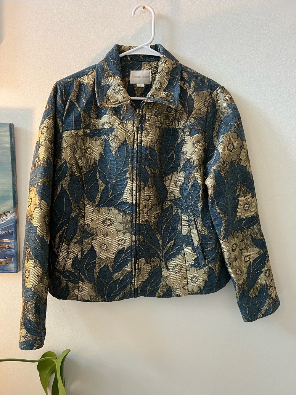 Erin London Brocade Tapestry Floral Jacket L Teal Gold Grandmacore - Picture 2 of 4